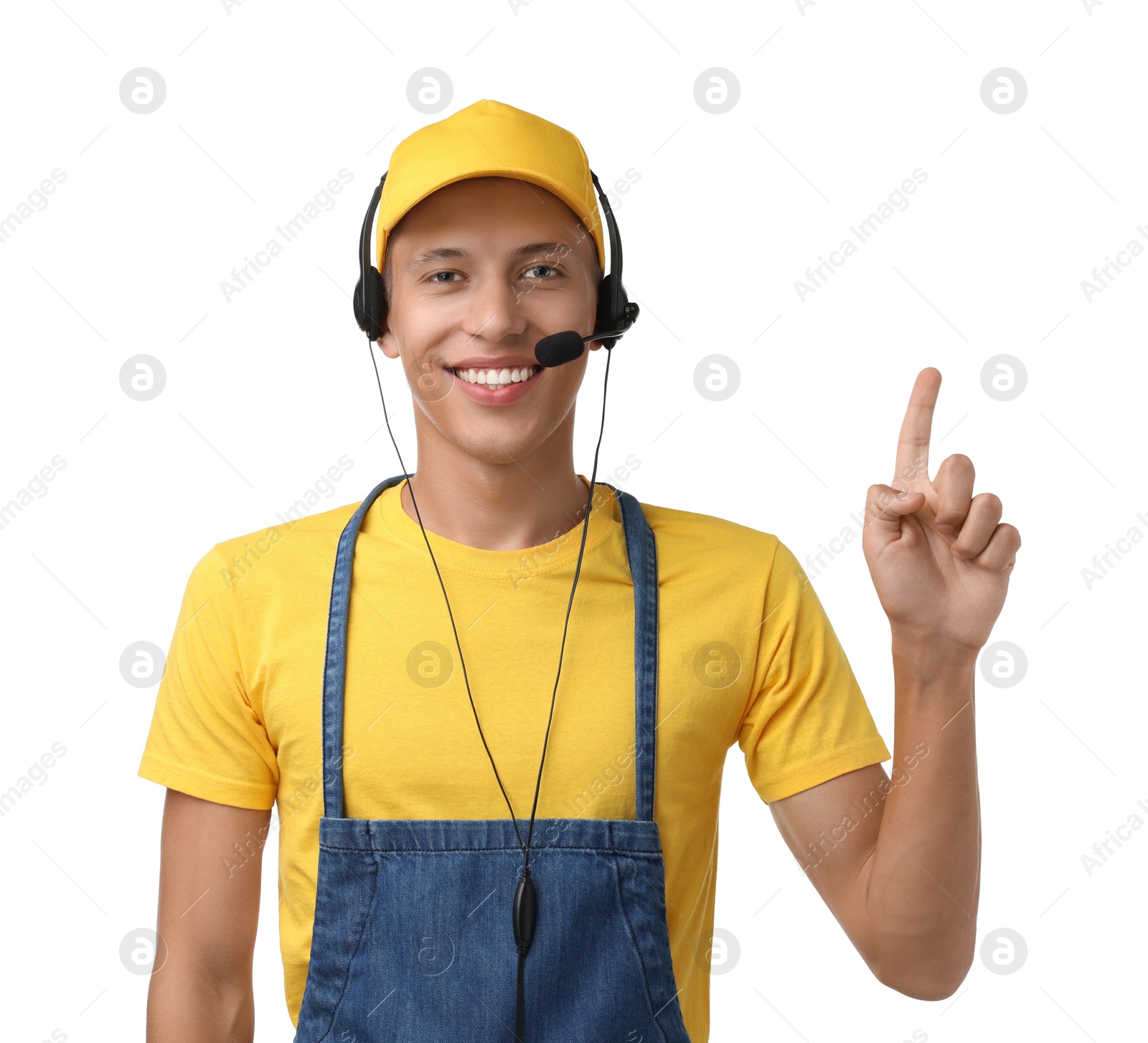 Photo of Portrait of smiling fast-food worker on white background