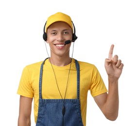 Photo of Portrait of smiling fast-food worker on white background