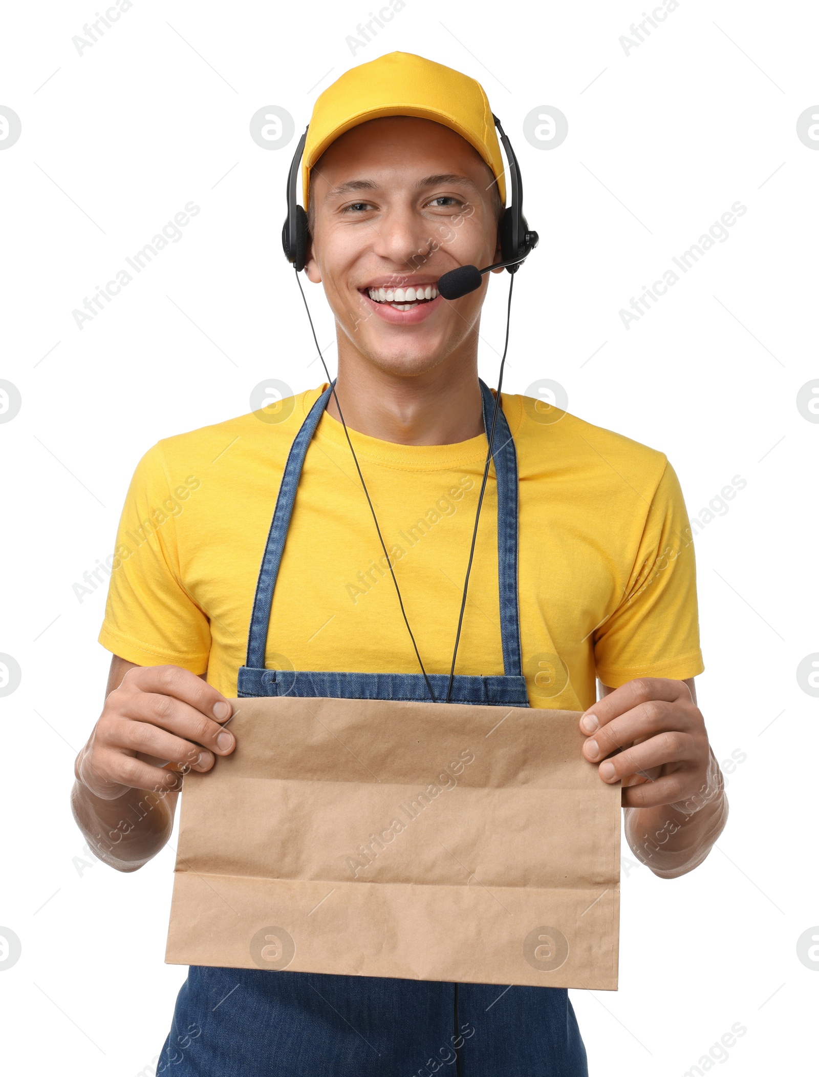 Photo of Fast-food worker with paper bag on white background