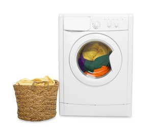 Photo of Modern washing machine and laundry basket isolated on white