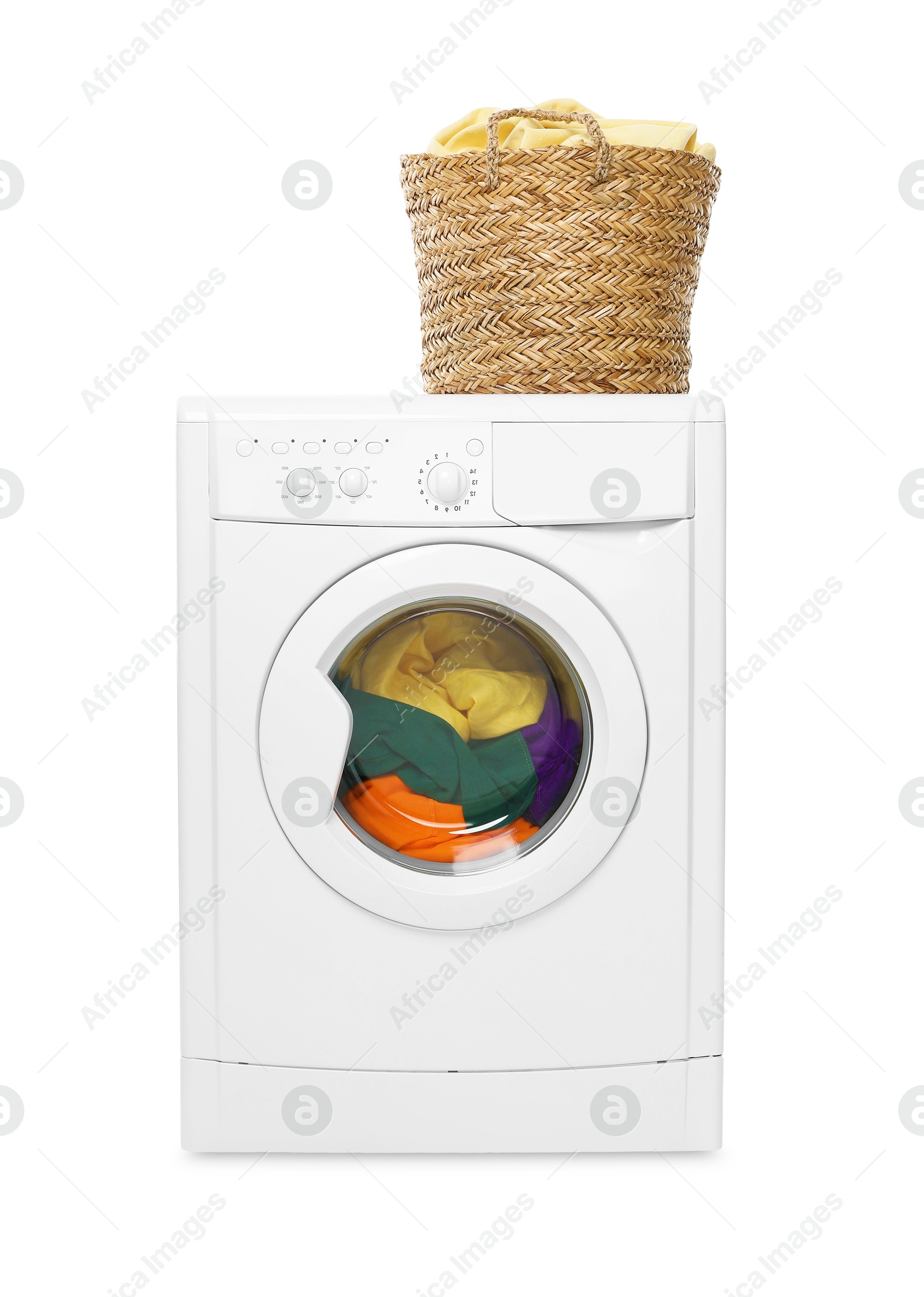 Photo of Modern washing machine and laundry basket isolated on white