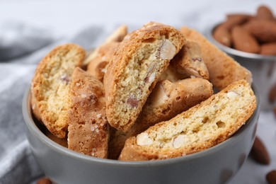 Tasty almond biscuits (Cantuccini) in bowl, closeup