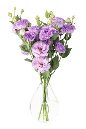 Photo of Vase with beautiful violet eustoma flowers isolated on white