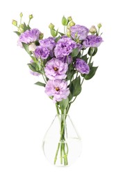 Photo of Vase with beautiful violet eustoma flowers isolated on white