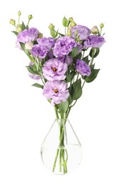 Photo of Vase with beautiful violet eustoma flowers isolated on white