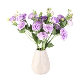 Photo of Vase with beautiful violet eustoma flowers isolated on white