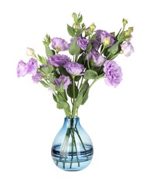 Photo of Vase with beautiful violet eustoma flowers isolated on white