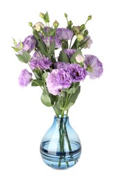 Photo of Vase with beautiful violet eustoma flowers isolated on white