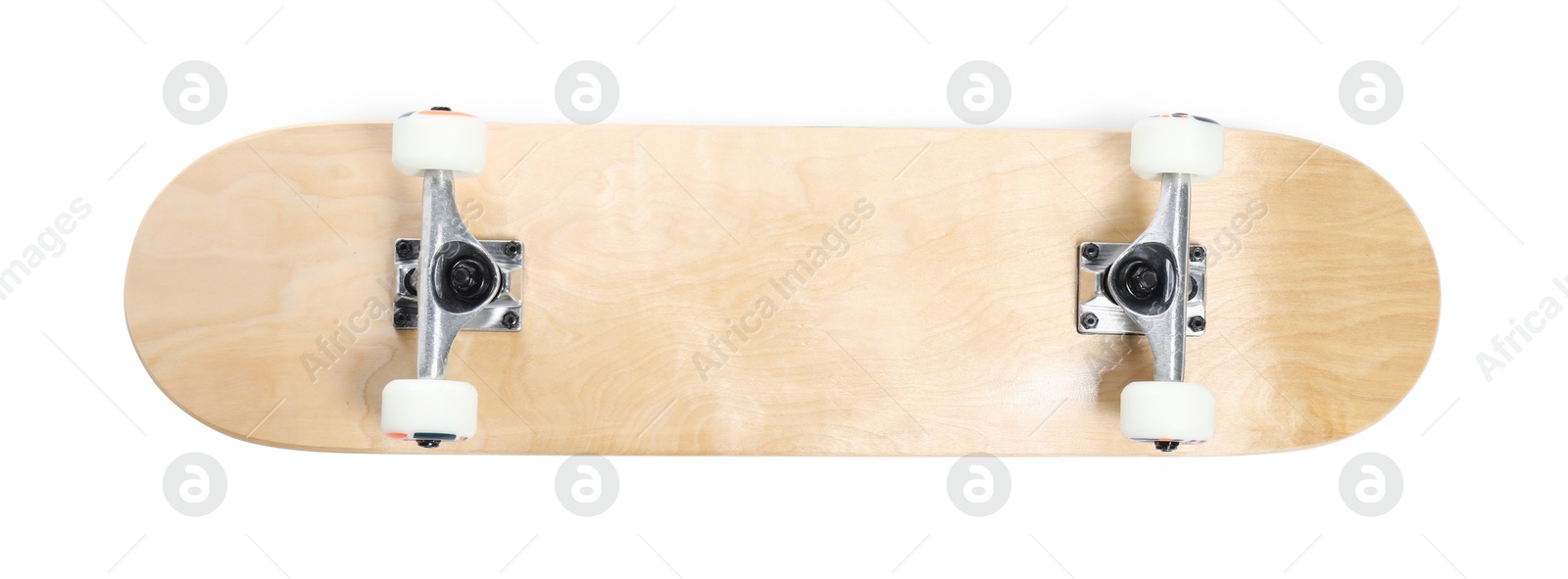 Photo of One skateboard isolated on white, top view. Sports equipment