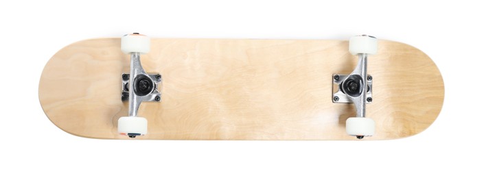 Photo of One skateboard isolated on white, top view. Sports equipment