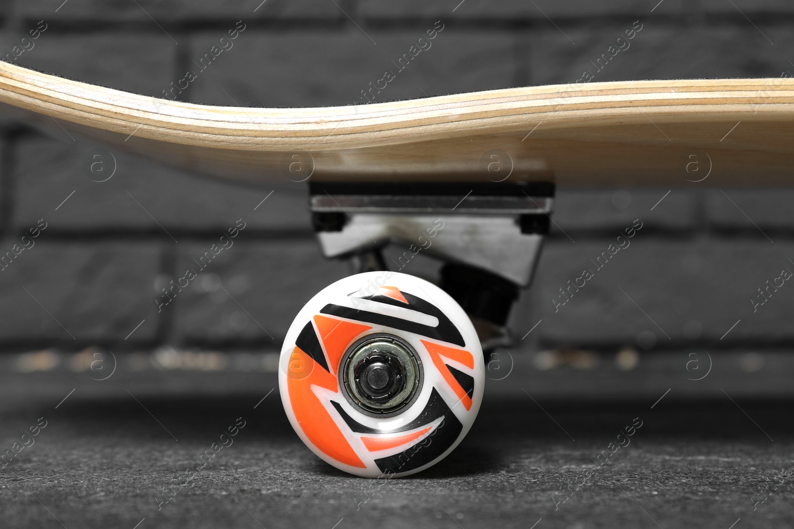 Photo of One modern skateboard on grey surface, closeup