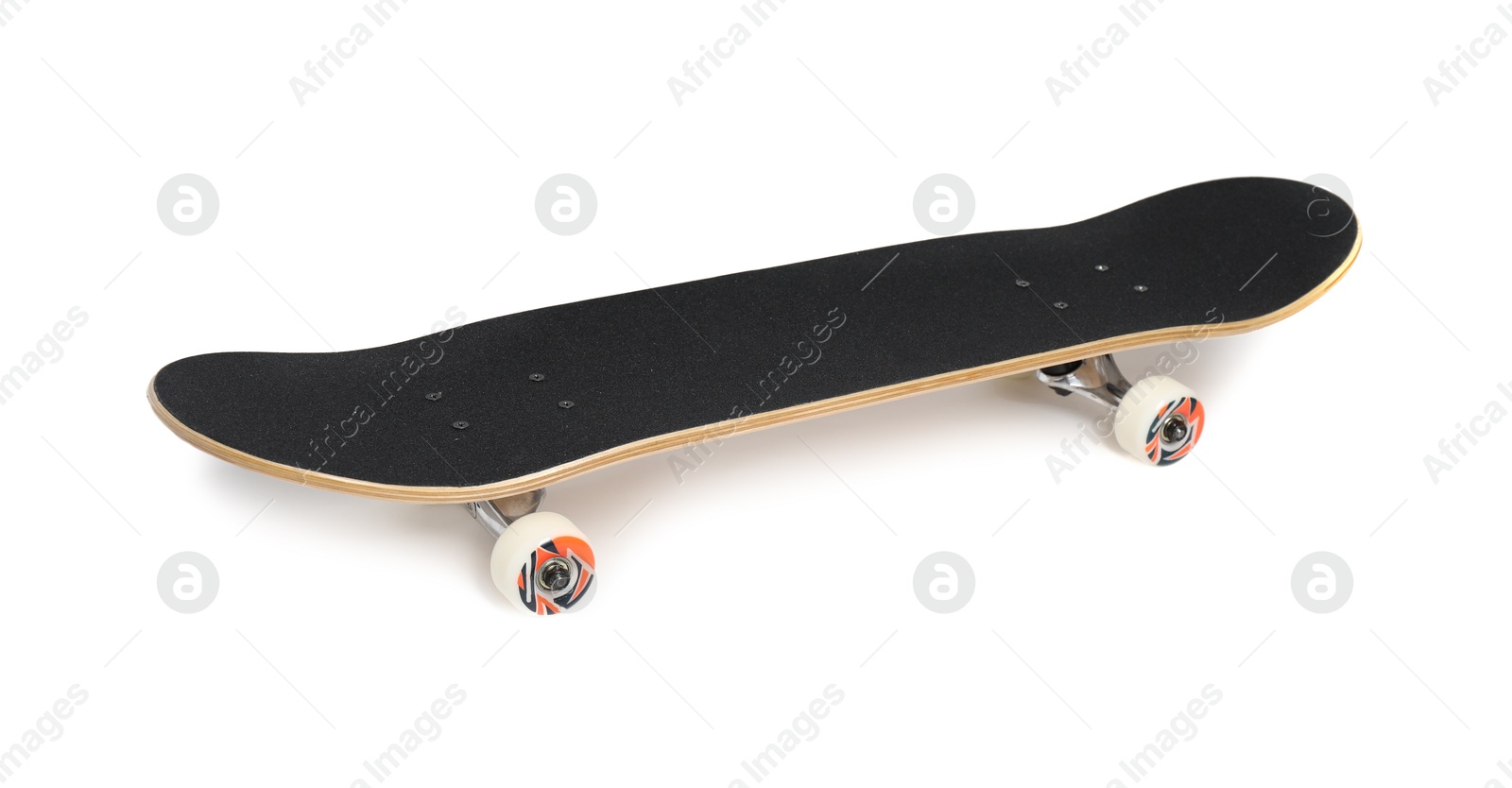 Photo of One modern skateboard with black griptape isolated on white