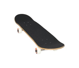 Photo of One modern skateboard with black griptape isolated on white