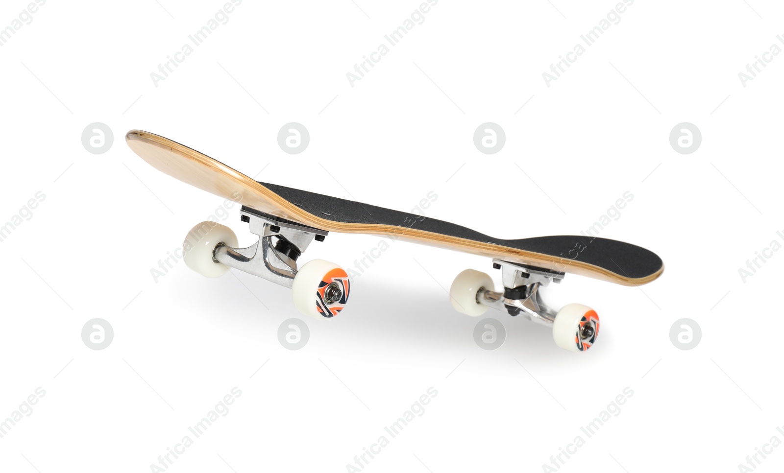 Photo of One modern skateboard with black griptape isolated on white