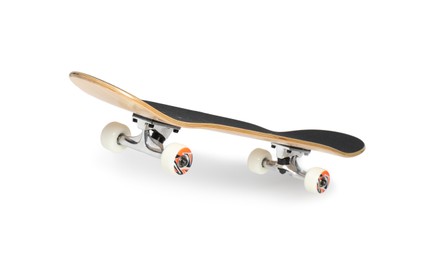 Photo of One modern skateboard with black griptape isolated on white