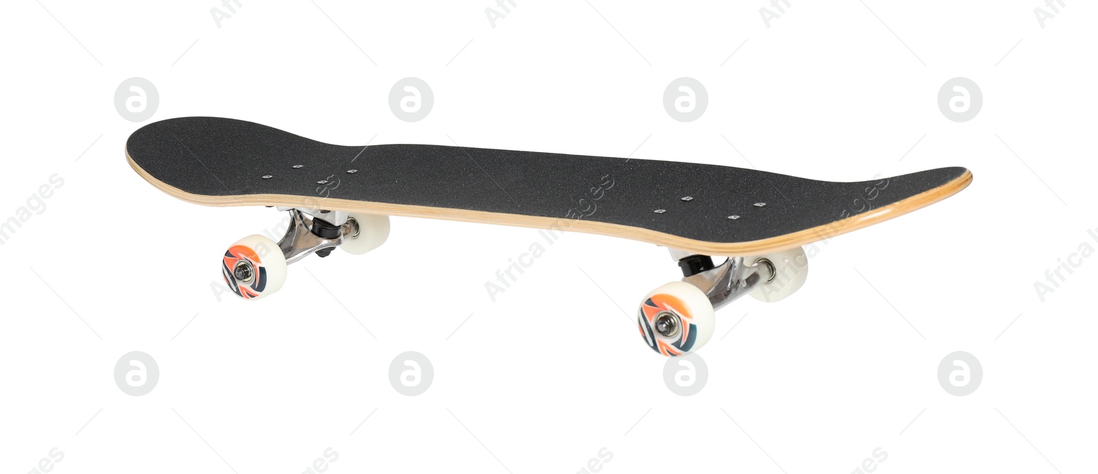 Photo of One modern skateboard with black griptape isolated on white