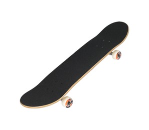 Photo of One modern skateboard with black griptape isolated on white