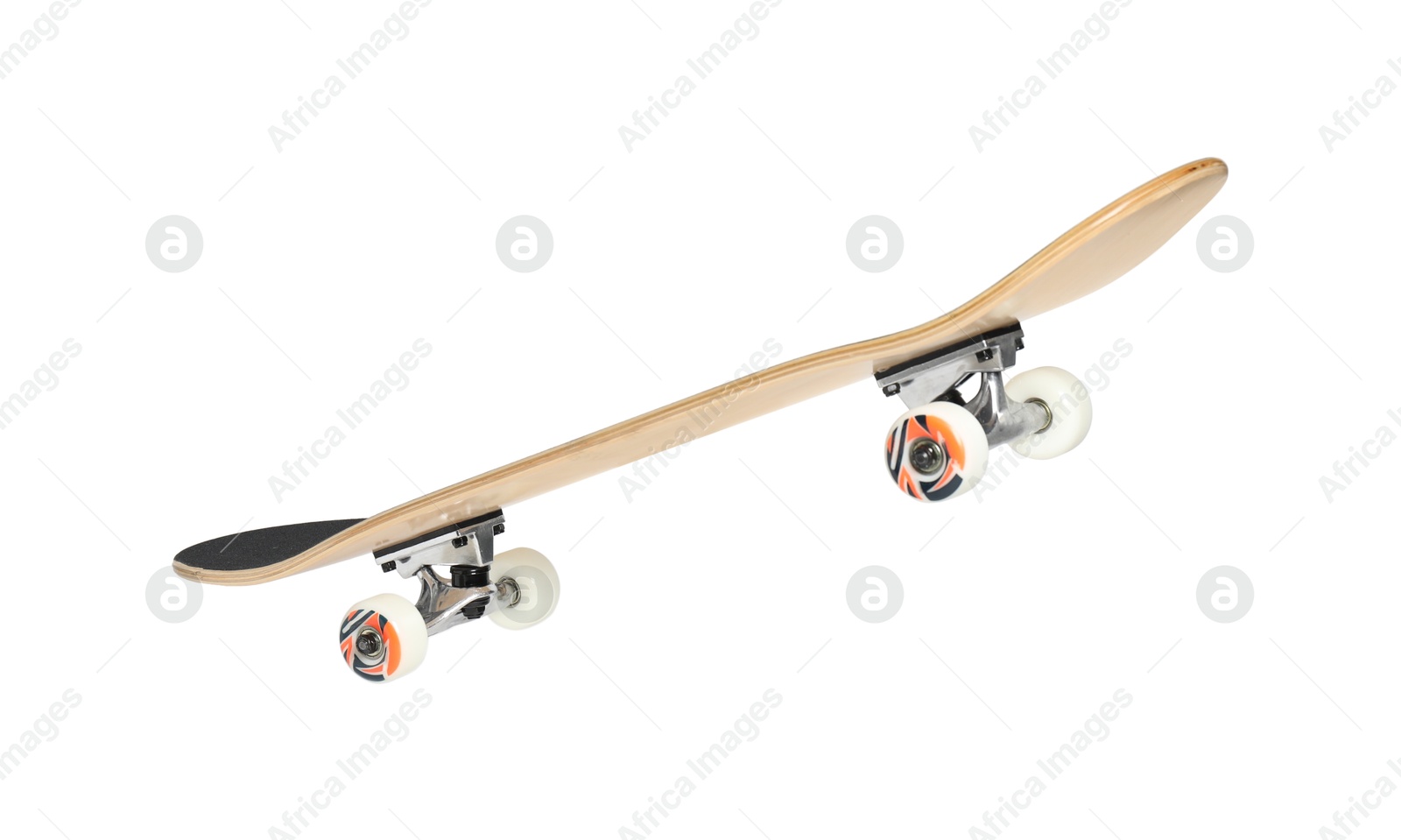 Photo of One modern skateboard with black griptape isolated on white