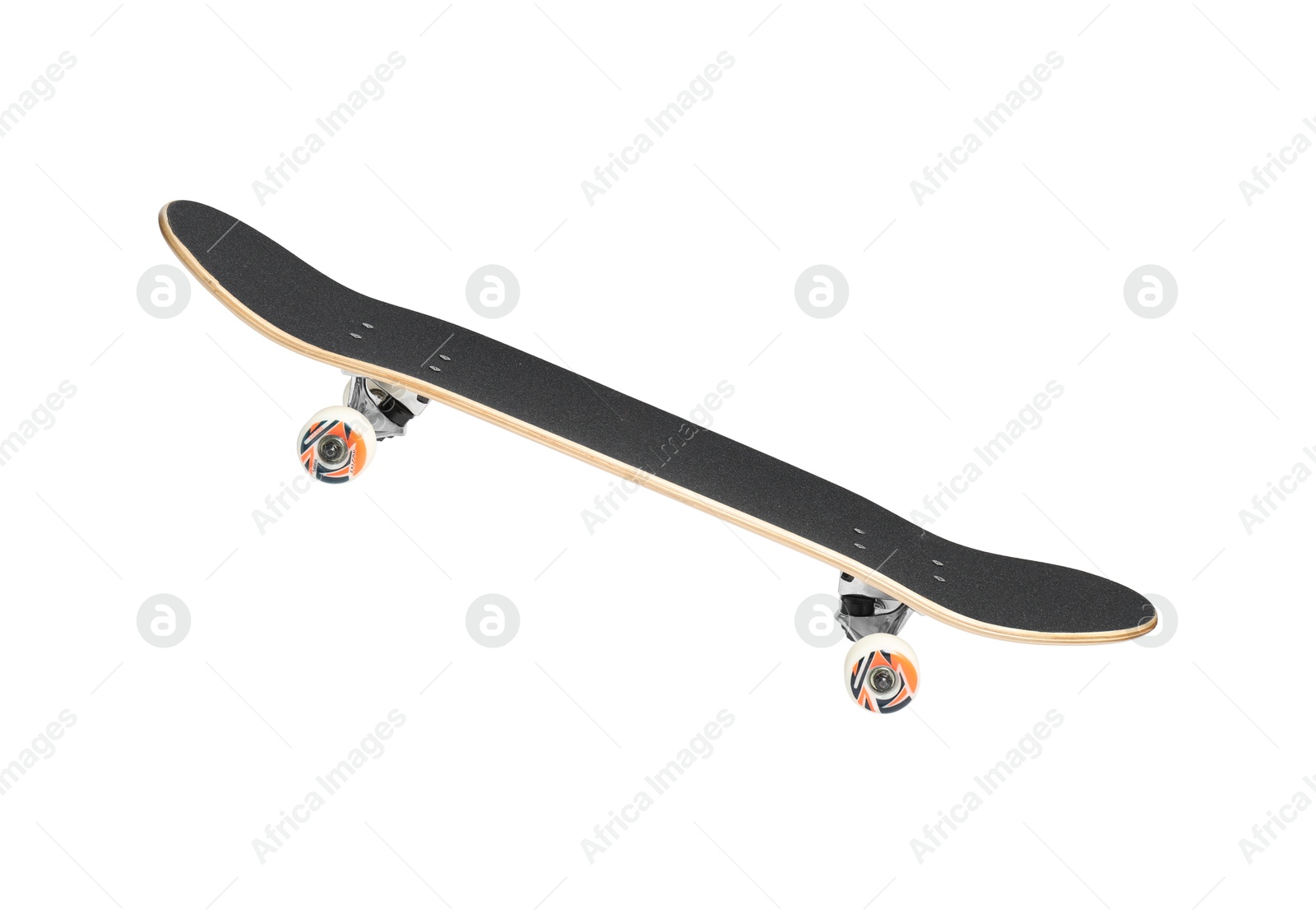 Photo of One modern skateboard with black griptape isolated on white