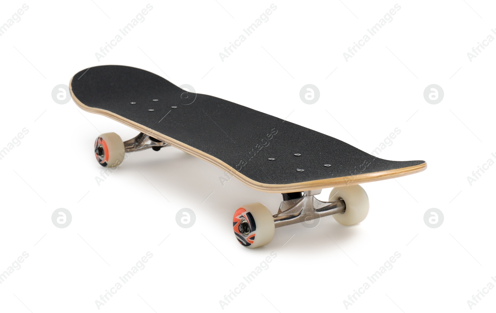 Photo of One modern skateboard with black griptape isolated on white