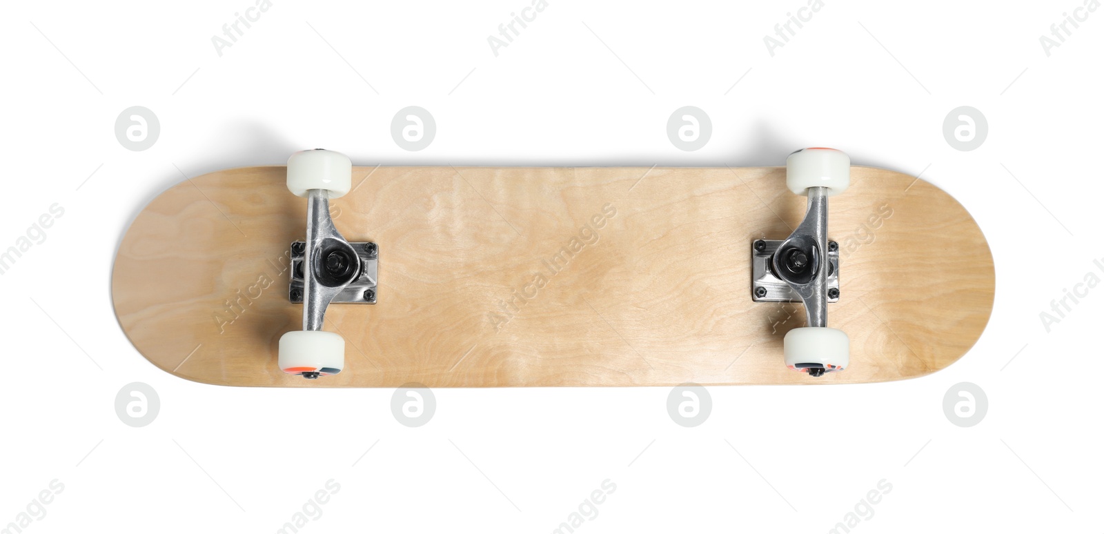 Photo of One modern skateboard isolated on white, top view