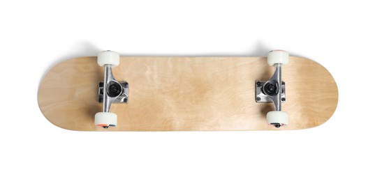 Photo of One modern skateboard isolated on white, top view