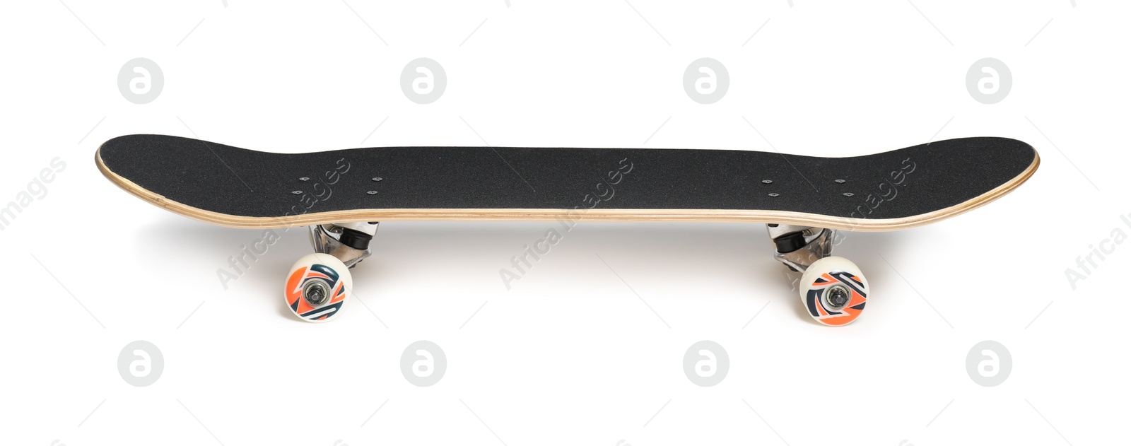 Photo of One modern skateboard with black griptape isolated on white