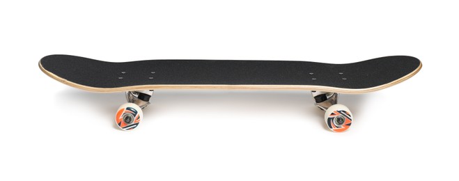 Photo of One modern skateboard with black griptape isolated on white