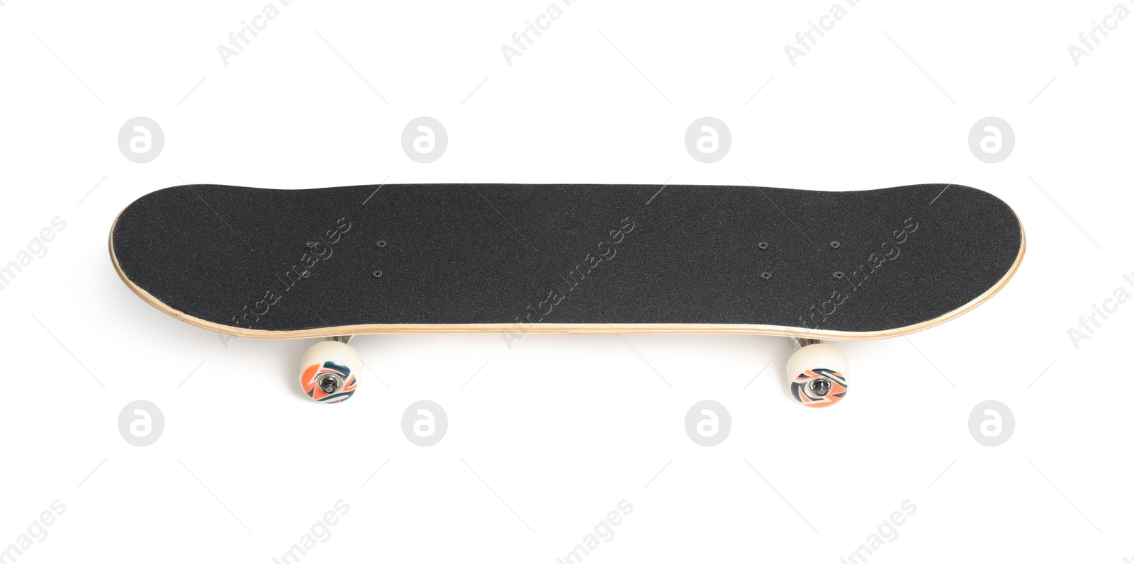 Photo of One modern skateboard with black griptape isolated on white