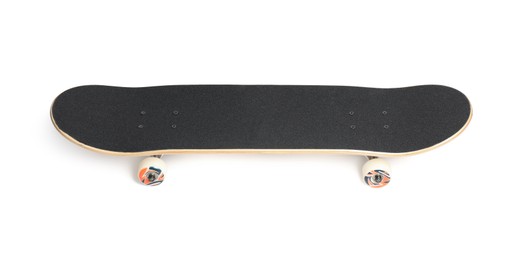 Photo of One modern skateboard with black griptape isolated on white