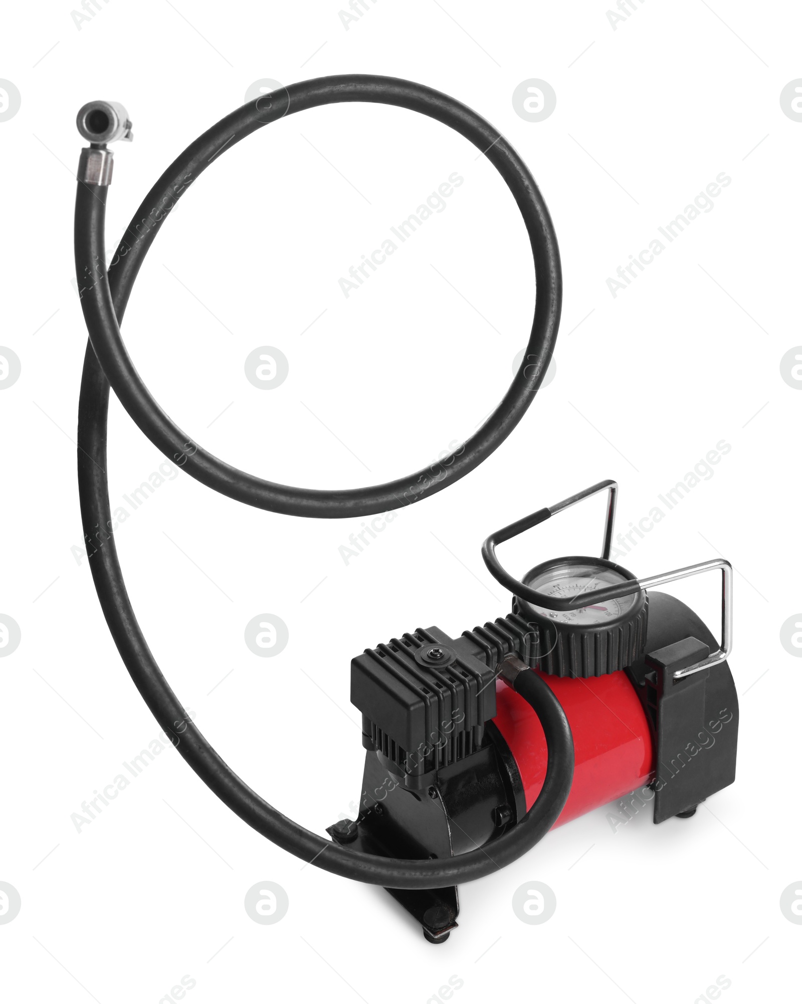 Photo of Air compressor with hose isolated on white