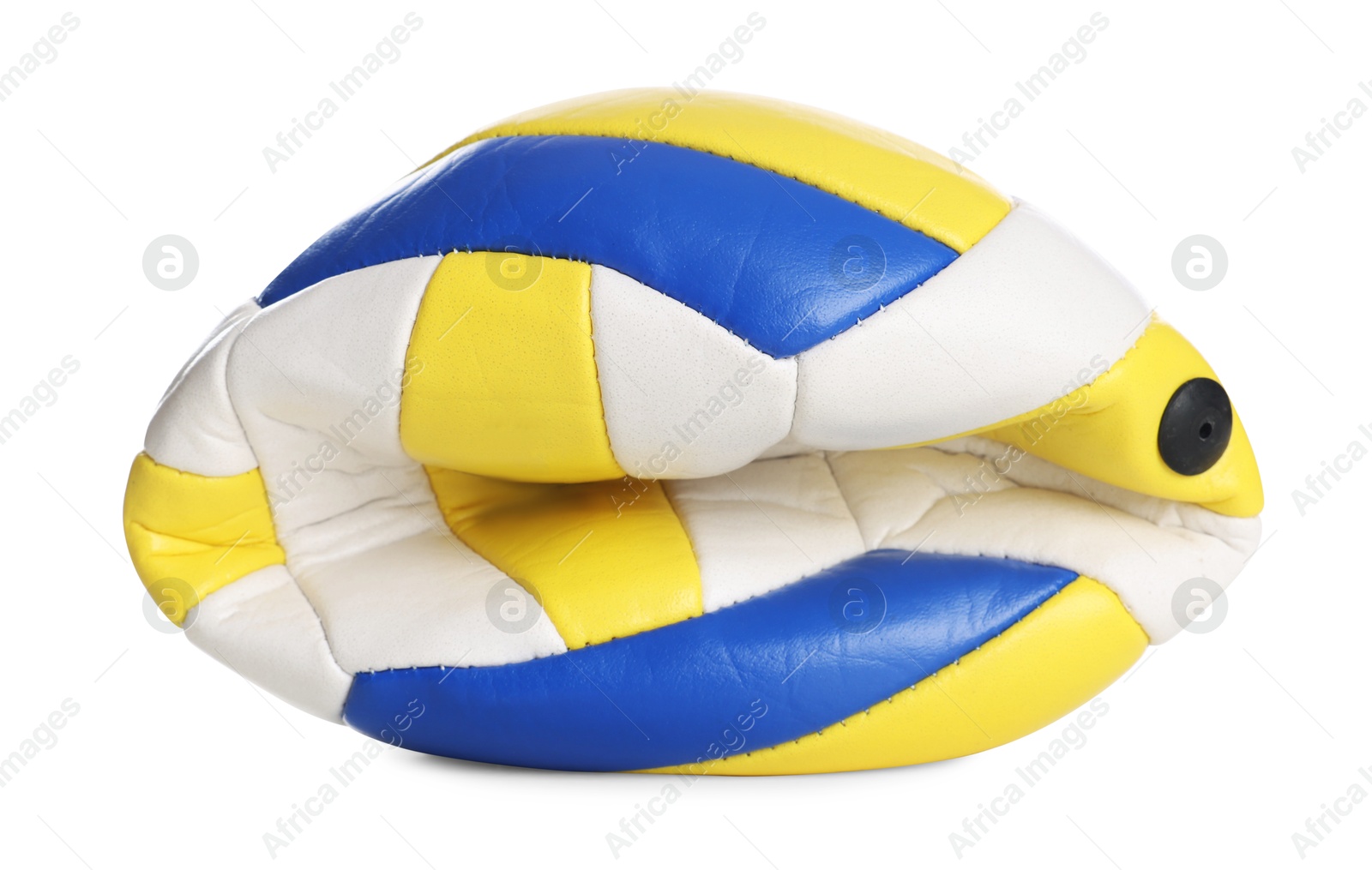 Photo of One deflated volleyball ball isolated on white