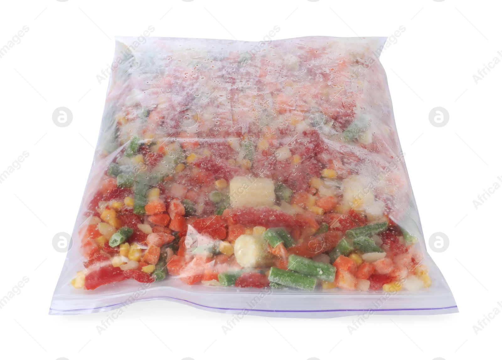 Photo of Mix of frozen vegetables in plastic bag isolated on white