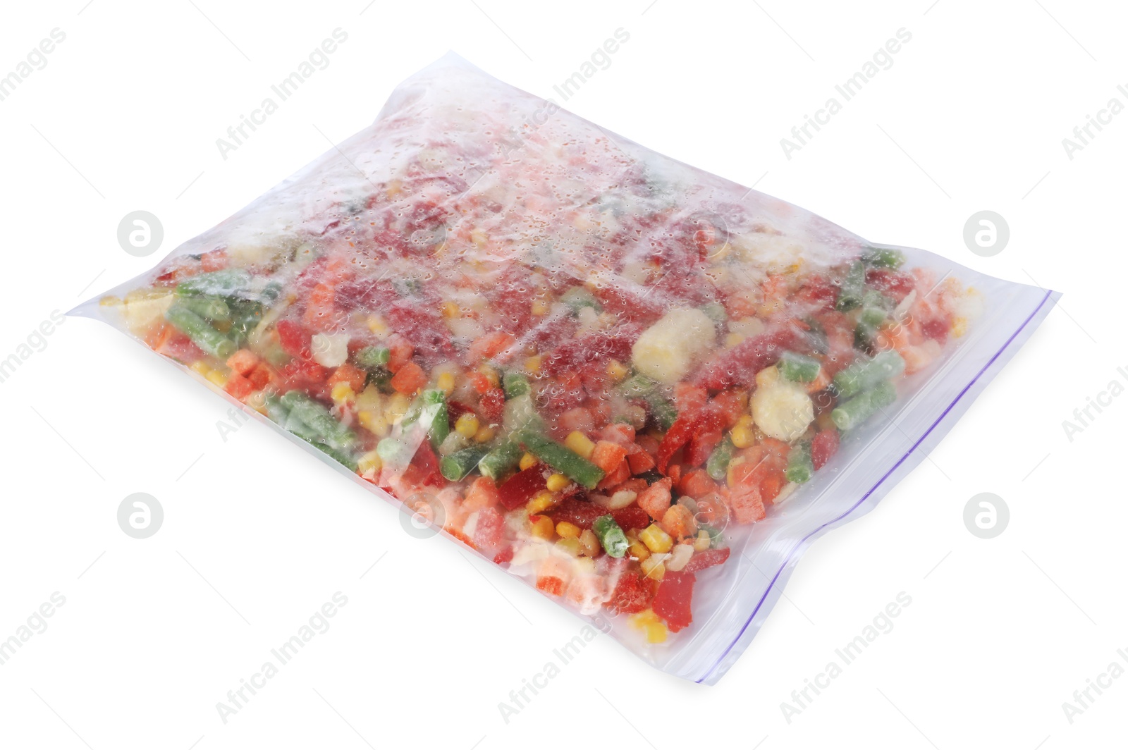 Photo of Mix of frozen vegetables in plastic bag isolated on white