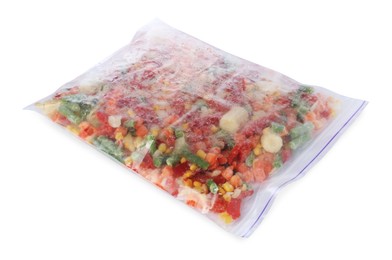 Photo of Mix of frozen vegetables in plastic bag isolated on white