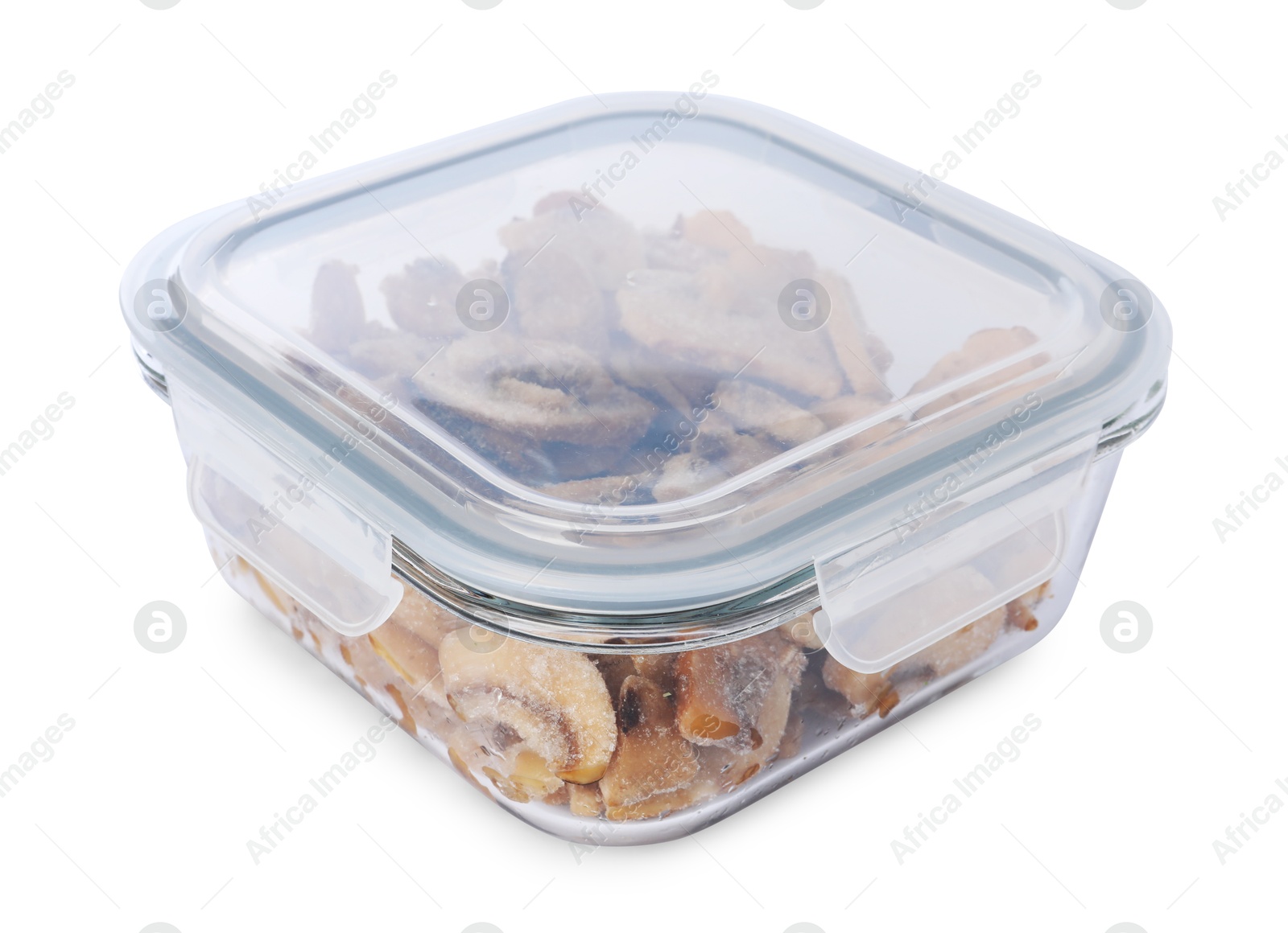 Photo of Pieces of frozen mushrooms in container isolated on white