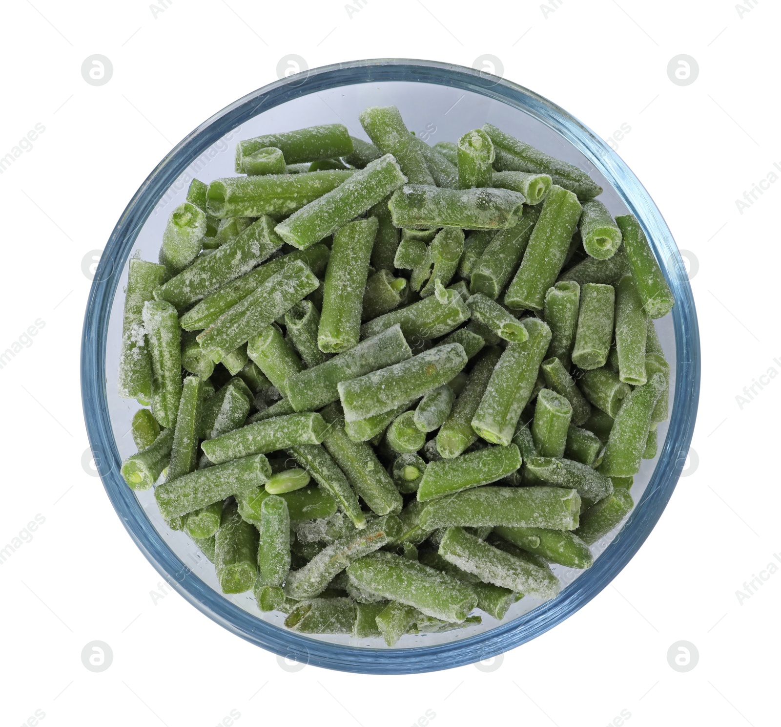 Photo of Frozen green beans in bowl isolated on white, top view