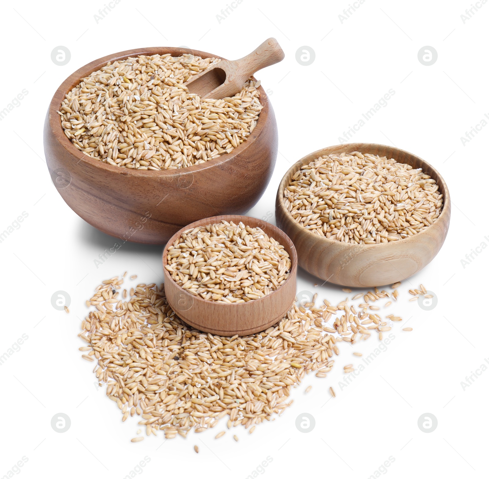 Photo of Oat grains in bowls and scoop isolated on white