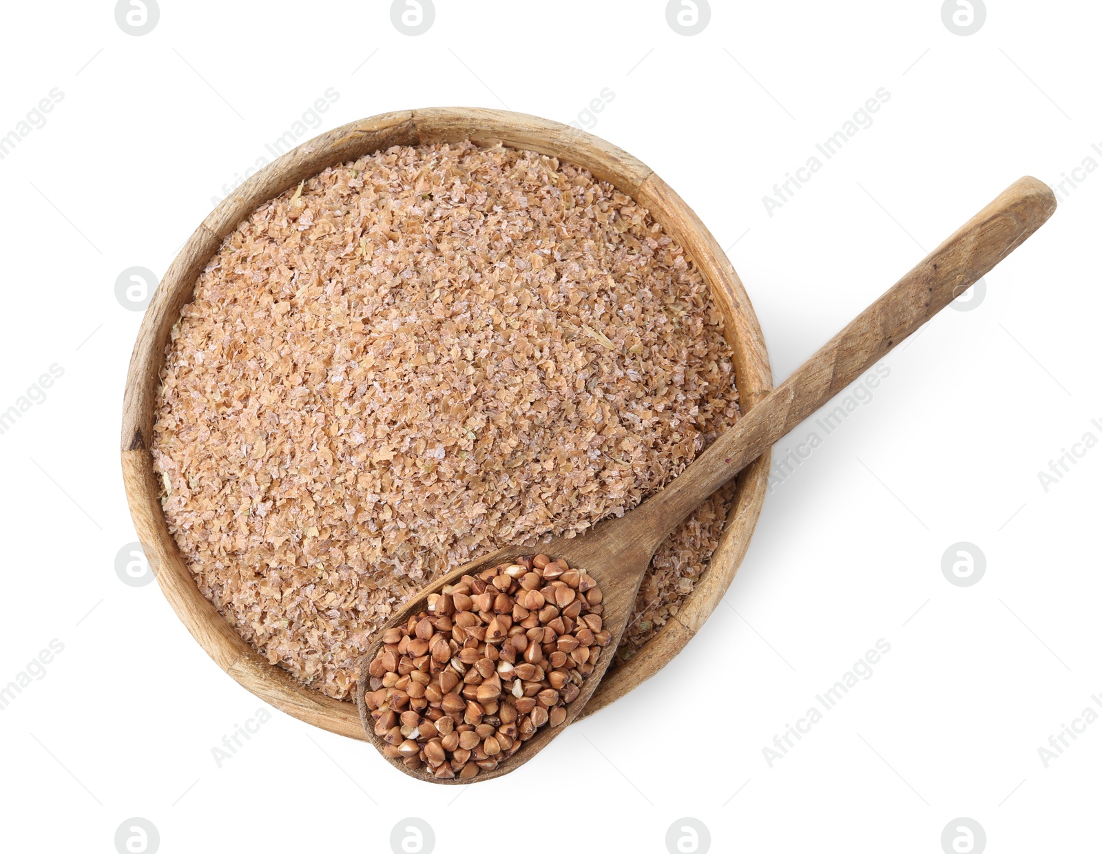 Photo of Buckwheat bran in wooden bowl and grains isolated on white, top view