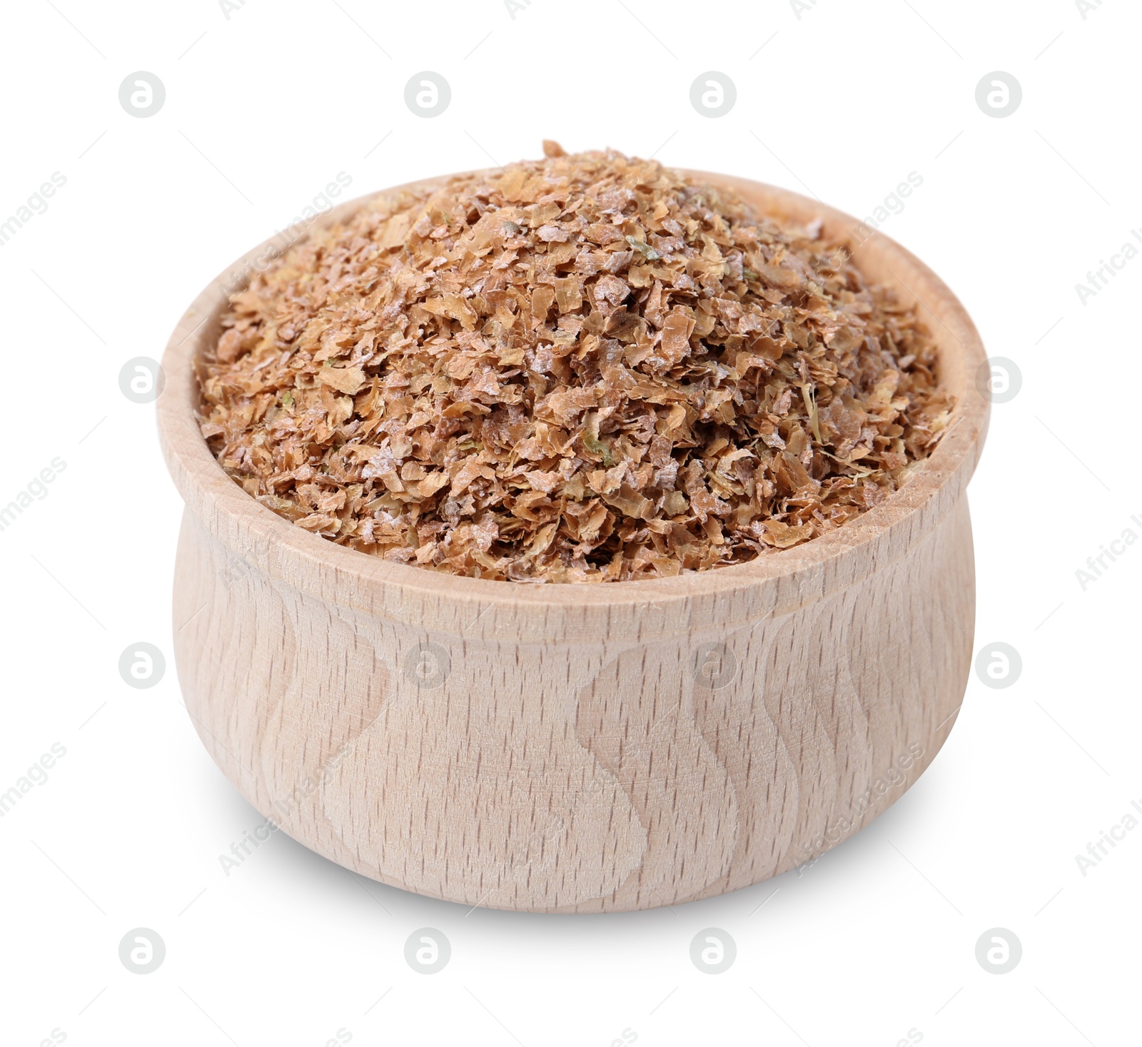 Photo of Buckwheat bran in wooden bowl isolated on white