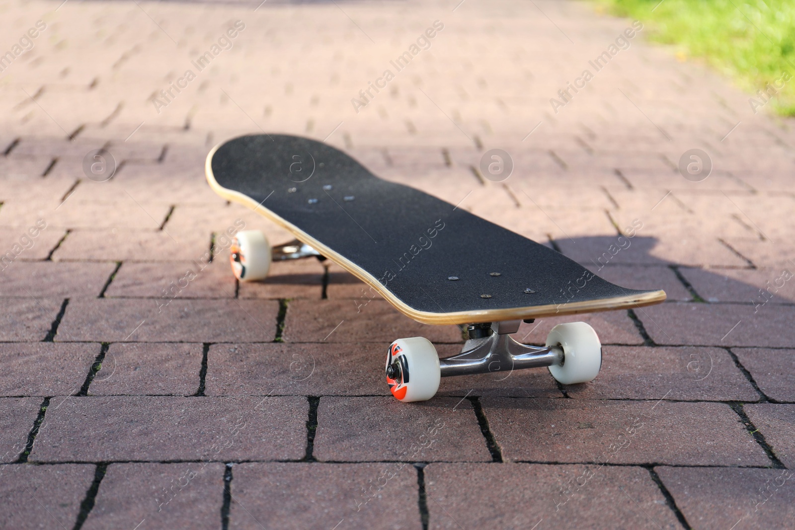 Photo of One modern skateboard on paved pathway outdoors, closeup