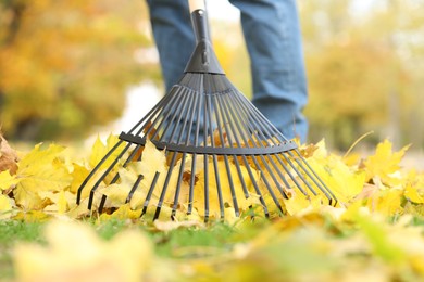 Photo of Man gathering fallen leaves with fan rake outdoors, closeup