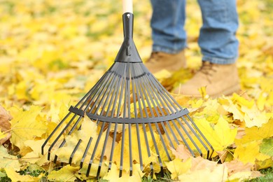 Photo of Man gathering fallen leaves with fan rake outdoors, closeup