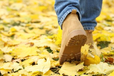 Photo of Man walking on grass with fallen leaves, closeup. Space for text