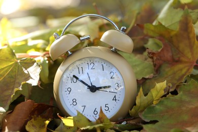 Photo of Autumn time. Alarm clock among fallen leaves, closeup