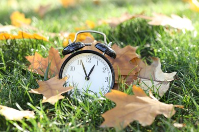 Photo of Autumn time. Alarm clock among fallen leaves on green grass on sunny day