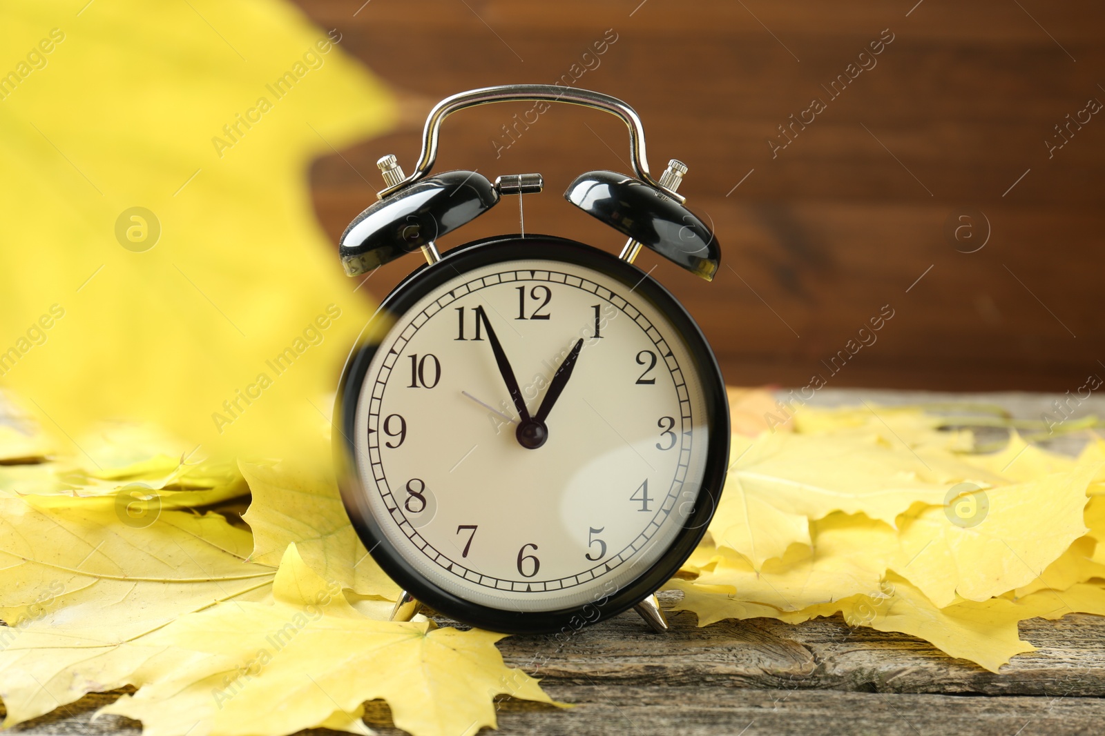 Photo of Autumn time. Alarm clock and leaves on wooden table, closeup