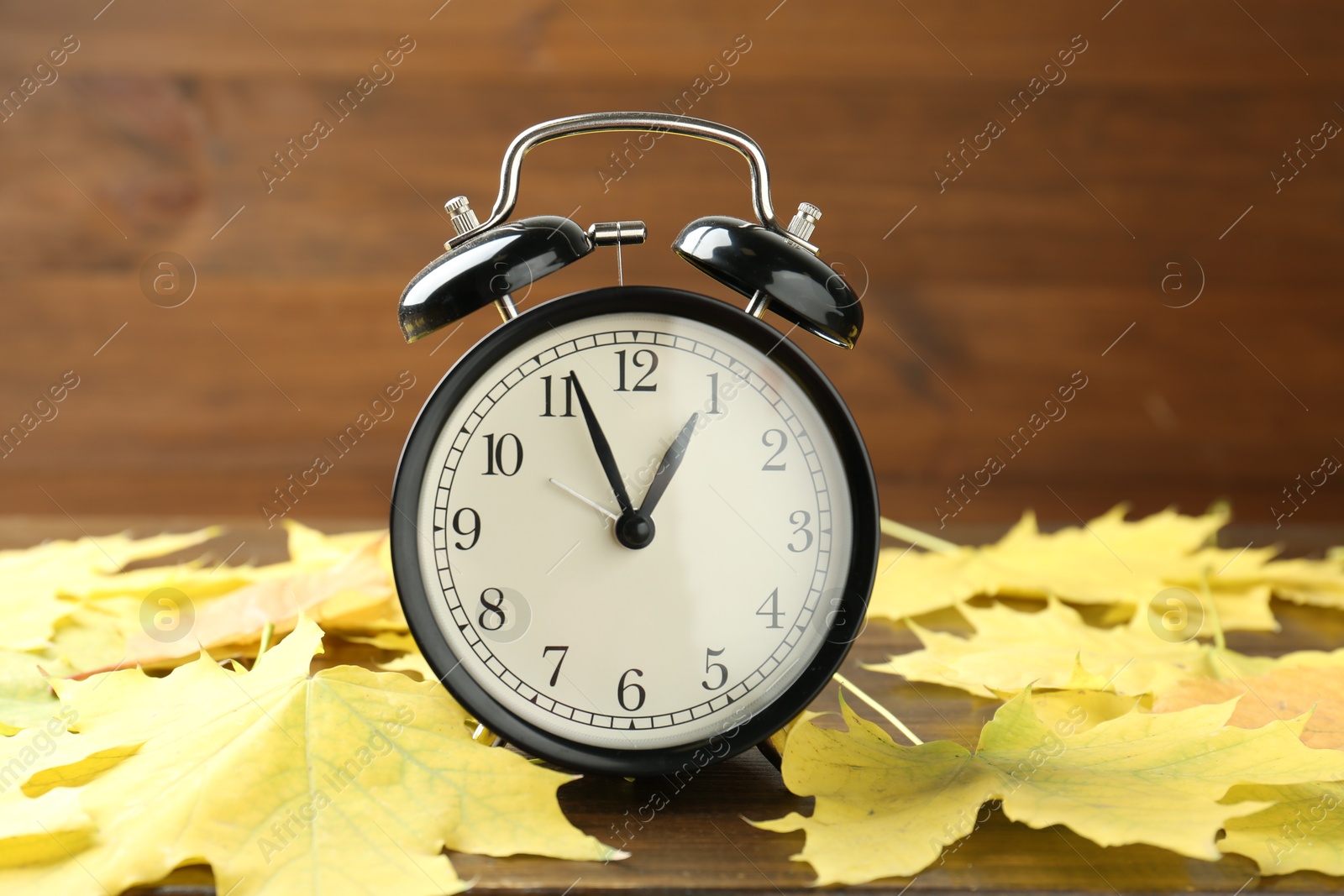 Photo of Autumn time. Alarm clock among leaves on wooden table, closeup