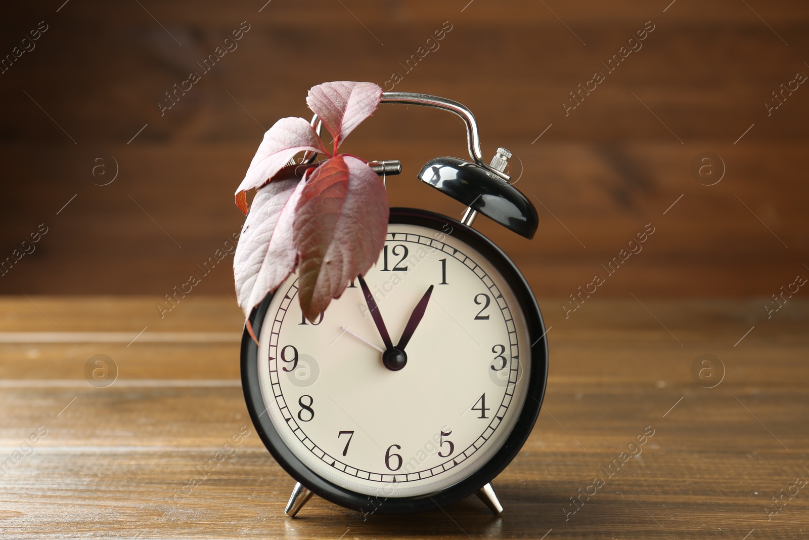 Photo of Autumn time. Alarm clock and leaves on wooden table, closeup