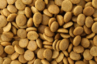 Photo of Pet food granules as background, top view